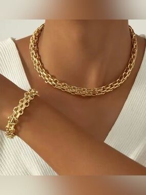 2 PCS 18k Gold Tone Link Chain Necklace Bracelet Set
